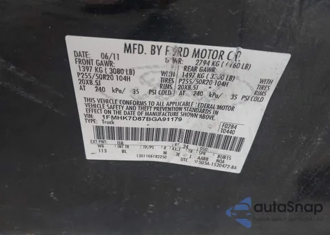 2011 Ford Explorer Xlt из США, поврежденный, VIN 1FMHK7D87BGA91179